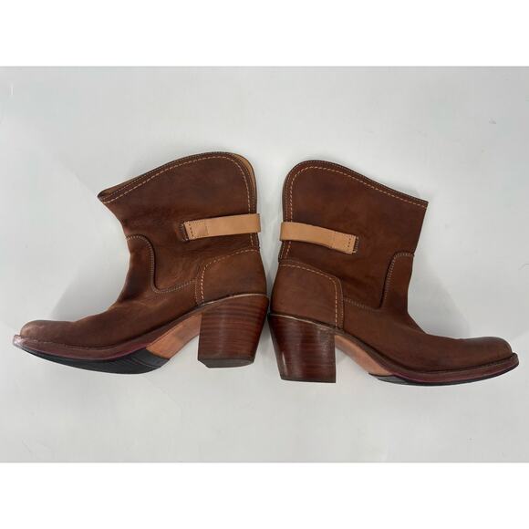 Frye Carmen Shortie Leather Boots Womens 8.5 Brown Pull On Buckle Strap Heeled - Picture 7 of 9